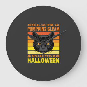 Reloj Redondo Grande Gato Negro Gráfico de Calabaza Vintage de Hallowee
