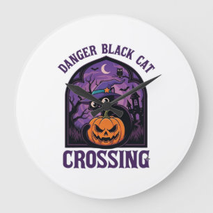 Reloj Redondo Grande Gato Negro Peligro Cruzando Halloween Calabaza Bru