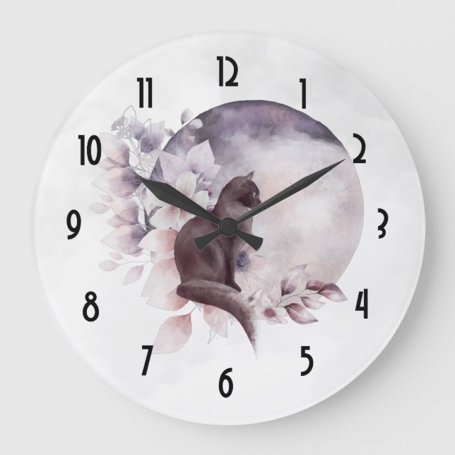 Reloj Redondo Grande Gato negro por una luna llena mágica (Anverso)