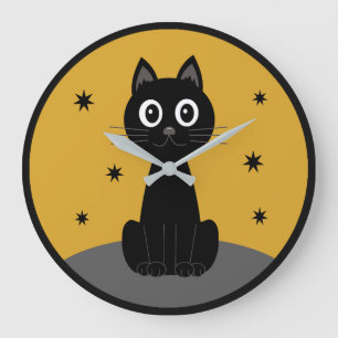 Reloj Redondo Grande Gato negro sentado viendo las estrellas