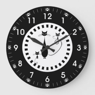 Reloj Redondo Grande Gato negro y gatitos con pinturas