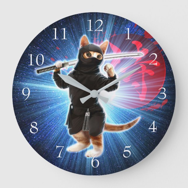 Reloj Redondo Grande Gato Ninja en el espacio. (Anverso)