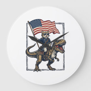 Reloj Redondo Grande Gato Patriótico Montando Dinosaurio Diseño Vector 