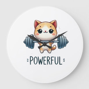 Reloj Redondo Grande Gato poderoso levantando pesas, arte de gatito de