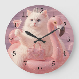 Reloj Redondo Grande Gato Princesa de Lujo en Flotador de Flamenco Rosa