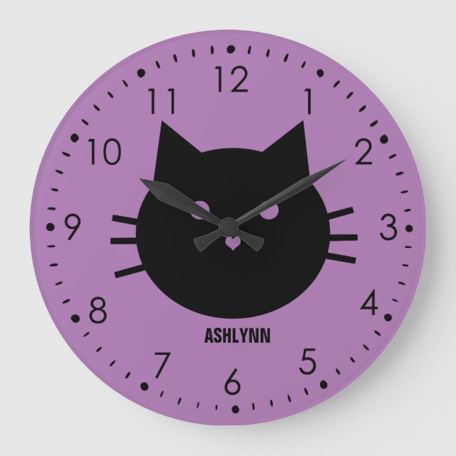Reloj Redondo Grande Gato púrpura personalizado (Anverso)