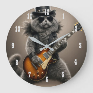 Reloj Redondo Grande Gato Rockstar tocando Guitarra Eléctrica en Cuero