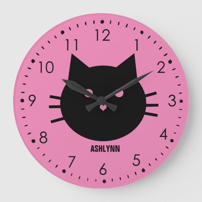Reloj Redondo Grande Gato rosado personalizado personalizado (Anverso)