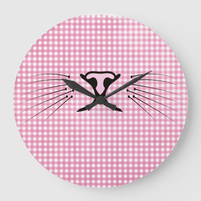 Reloj Redondo Grande Gato sacudido en Gingham rosa y Blanca (Anverso)