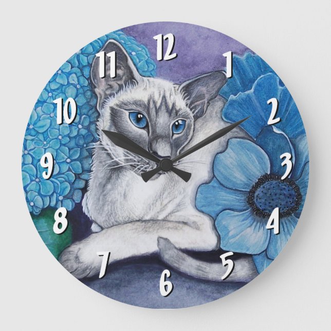 Reloj Redondo Grande Gato Siamés De Punto Azul (Anverso)