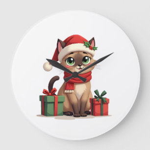 Reloj Redondo Grande Gato siamés Navidad vacaciones Santa Gato siamés N