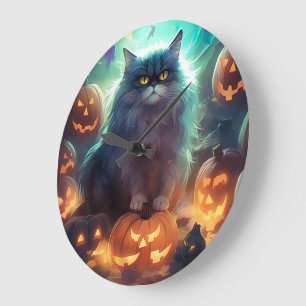 Reloj Redondo Grande Gato Siberiano de Halloween con Calabazas Espeluzn