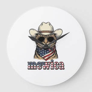 Reloj Redondo Grande Gato Vaquero Patriótico Mewica Diseño Vector Vinta