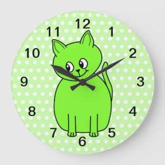 Reloj Redondo Grande Gato verde animado.