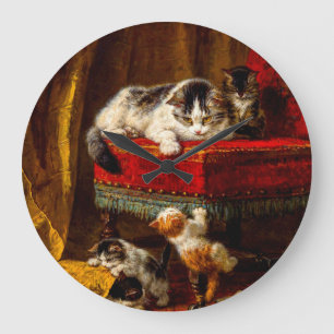 Reloj Redondo Grande Gato y gatitos jugando con silla