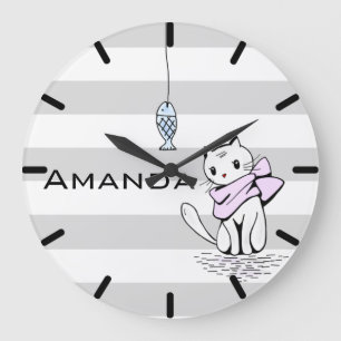 Reloj Redondo Grande Gato y pez blanco tentado