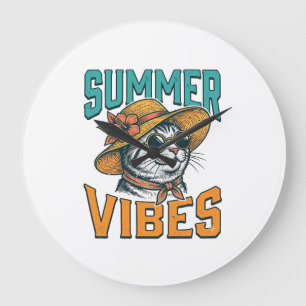 Reloj Redondo Grande Gatos con Vibraciones de Verano Diseño de Grabado