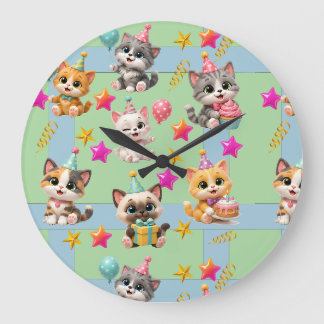 Reloj Redondo Grande Gatos de fiesta de cumpleaños adorables Papel de r