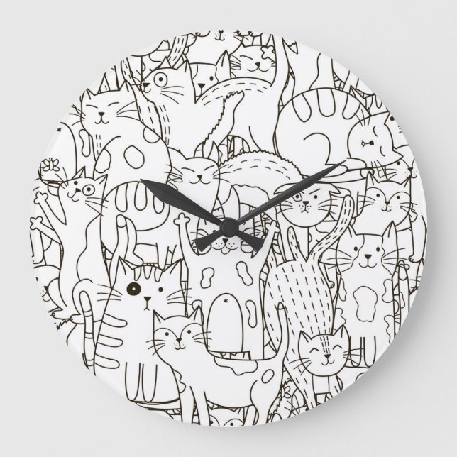 Reloj Redondo Grande Gatos Doodle: blanco y negro. (Anverso)