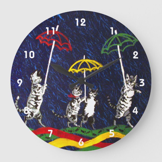 Reloj Redondo Grande Gatos en la lluvia (Anverso)