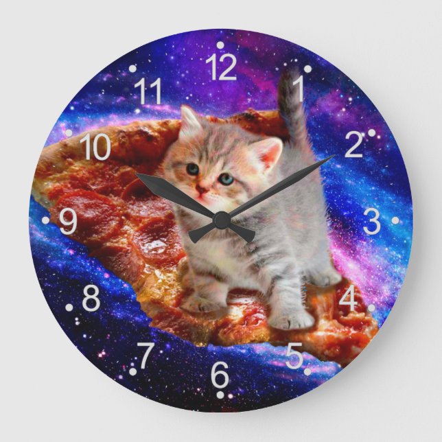 Reloj Redondo Grande Gatos en pizza espacial (Anverso)