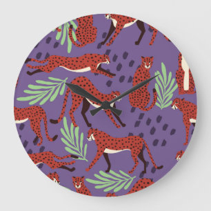 Reloj Redondo Grande Gatos grandes exóticos, patrón de plantas tropical