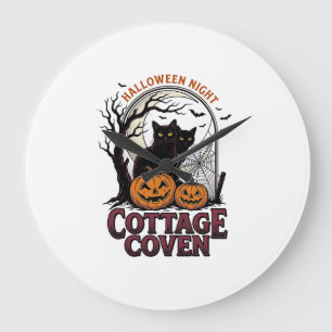 Reloj Redondo Grande Gatos Negros de Halloween Arte de Calabaza Coven V