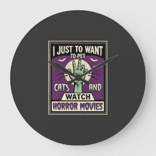 Reloj Redondo Grande Gatos y películas de terror Diseño de Halloween