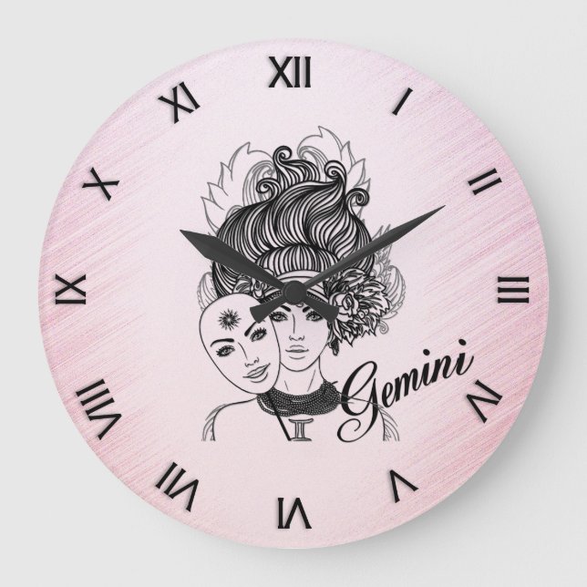 Reloj Redondo Grande Gemini Masked Lady Zodiac Números romanos rosados (Anverso)