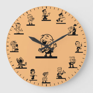 Reloj Redondo Grande Gente de dibujos animados retro con tema negro