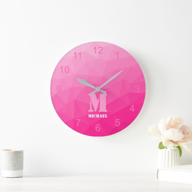 Reloj Redondo Grande Geometría de gradiente rosa caliente Monograma del (Hogar)