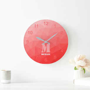 Reloj Redondo Grande Geometría de ombre rojo Patrón de malla Monograma