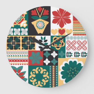 Reloj Redondo Grande Geométrica Mexicana: Ornamento Verde Rojo.