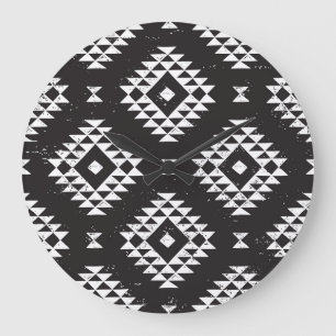 Reloj Redondo Grande Geométrica Navajo: Tribal Blanco Negro.