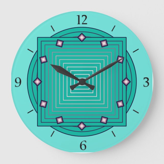 Reloj Redondo Grande Geométrico art decó, acuático y azul turquesa (Anverso)