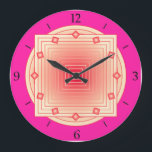 Reloj Redondo Grande Geométrico Art Deco, rosa fucsia y coral<br><div class="desc">Reloj en patrones geométricos solapados,  consistentes en rayas degradadas,  que van desde crema hasta rosa de coral profundo,  sobre un fondo rosa fucsia,  con acentos en forma de diamante de 3 d a las horas.</div>