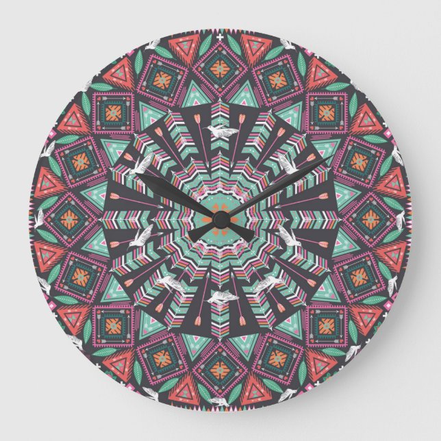 Reloj Redondo Grande Geométrico azteca: patrón de círculo colorido (Anverso)