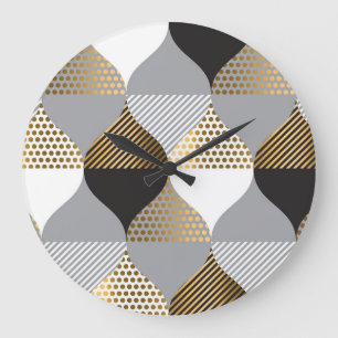 Reloj Redondo Grande Geométrico de lujo: negro, patrón oro