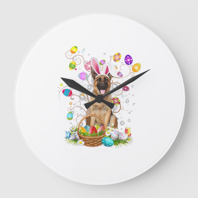 Reloj Redondo Grande German Shepherd Dog Easter Egg Hunting Basket East (Anverso)