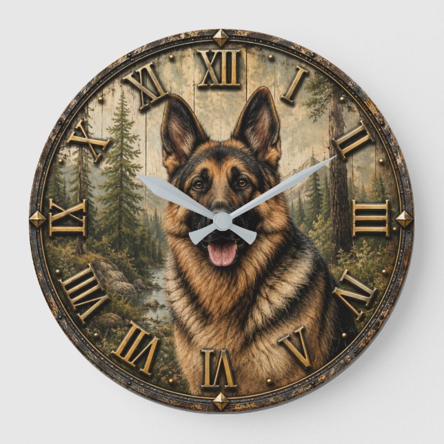 Reloj Redondo Grande German Shepherd Mountain Forest Rustic (Anverso)