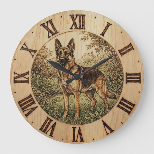 Reloj Redondo Grande German Shepherd - Rustic Dog Decor (Anverso)