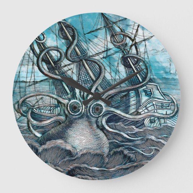 Reloj Redondo Grande Giant Octopus Blue Sea Monster Sailboat (Anverso)