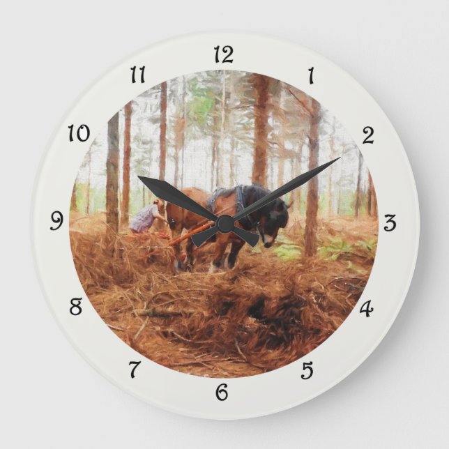 Reloj Redondo Grande Gigante suave: tala de caballos en bosque (Anverso)
