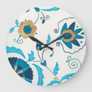 Reloj Redondo Grande Gilded Indigo Flowers with White Background