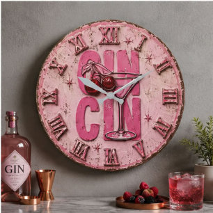 Reloj Redondo Grande Gin Martini Pink Retro Cocktail Bar Decor