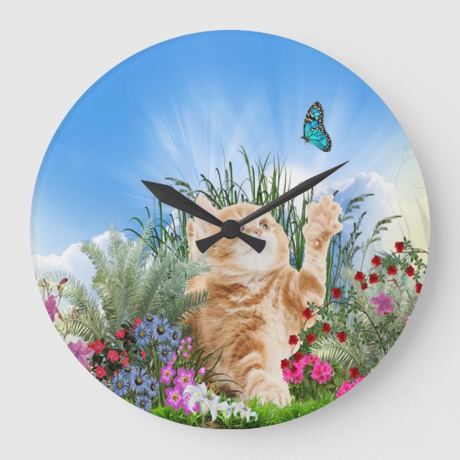 Reloj Redondo Grande Ginger kitten jugando con una mariposa (Anverso)