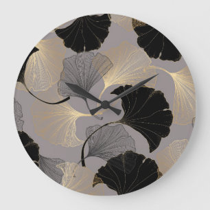 Reloj Redondo Grande Ginkgo de oro elegante, fondo vintage.