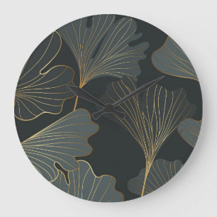 Reloj Redondo Grande Ginkgo dorado: Deco floral de lujo.