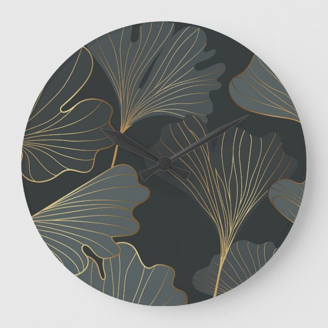 Reloj Redondo Grande Ginkgo dorado: Deco floral de lujo. (Anverso)