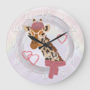 Reloj Redondo Grande Girafa con gafas y boina roja